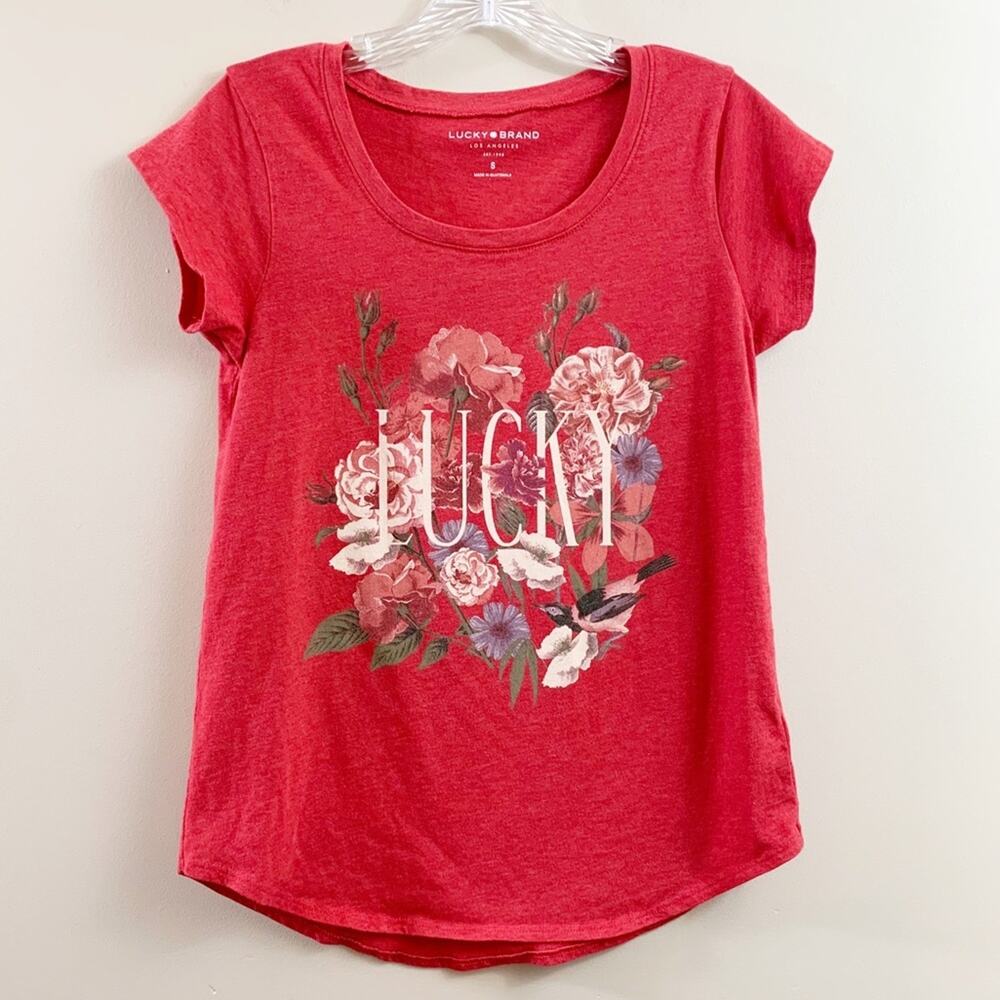 Lucky Brand Floral Logo Red/Cream Short Sleeve Top